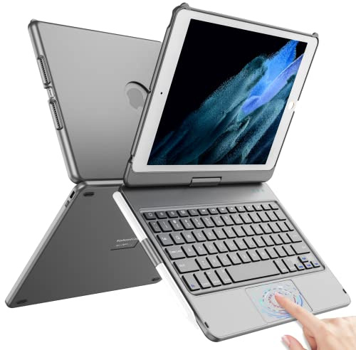 TQQ Custodia con tastiera touch per iPad 10.2 9/8/7a generazione, custodia protettiva girevole a 360° con portamatite (grigio)