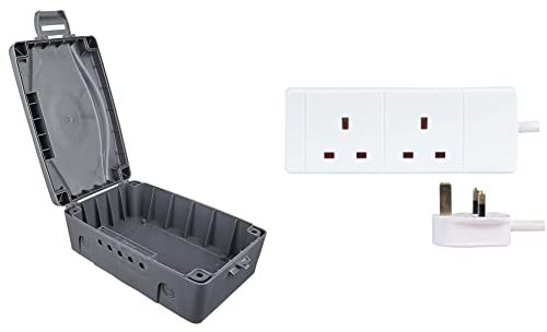 Masterplug WBX-MS Weatherproof Electric Box for Outdoors, 345 x 220 x 126.5 mm, Grey & PRO ELEC PELB1509 2 Gang Extension Lead White, 2m