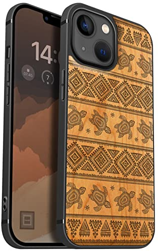 Carveit Holz Hülle für iPhone 13 mini, Kirschholz-Sami Turtles Muster | Cover kompatibel MagSafe [Holz und TPU Silikon Hybrid Hull] Magnetisch Case für iPhone 13 mini Handyhülle