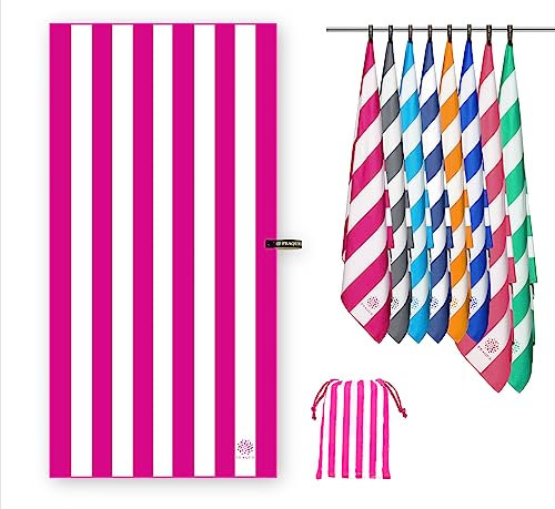 PEAQUE Mikrofaser-Handtuch mit Tasche - 80 x 160 cm - gestreiftes Badetuch, Reisehandtuch, Microfaser Handtücher, leicht, schnelltrocknend, dünn - Pinkrot/Weiß