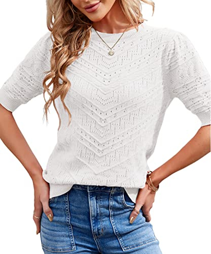 Caramitty Summer Tops for Women Short Sleeves Pullover Sweaters Knit Blouse Cute Dot Sweater Shirt White