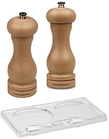 Cole & Mason 3-tlg. großes klassisches Salz- & Pfeffermühlen Set 16.5 cm aus hellem gebeiztem Buchenholz mit Tablett aus Acryl