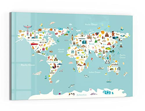 DEQORI Glas-Magnettafel | 90x60 cm groß | Motiv Süße Weltkarte (Englisch) | Memo-Board aus Glas | Magnetboard inkl. Magnete, Stift & Tuch für Küche & Büro | Tafel magnetisch & beschreibbar