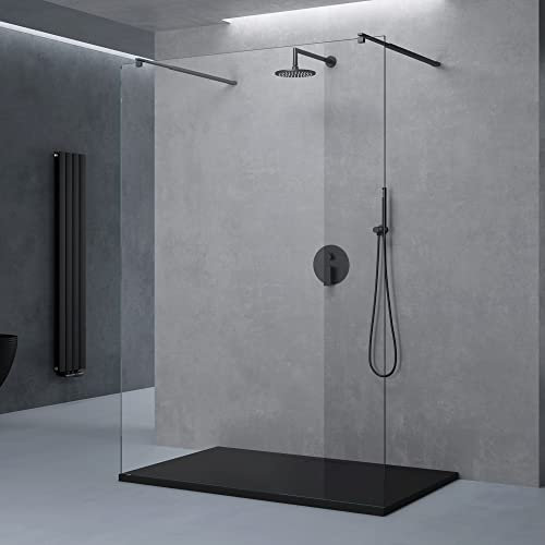 doporro Duschwand für Dusche Duschabtrennung 150x200 Walk-In schwarz mit Doppel-Stabilisator aus Echtglas 10mm ESG-Sicherheitsglas Klarglas inkl. Nanobeschichtung