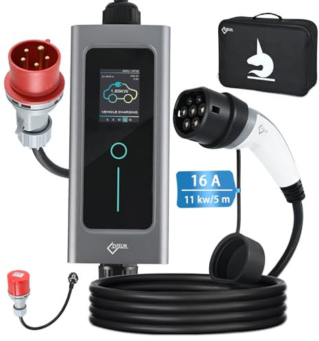 EVIEUN Ev Cavo di Ricarica Tipo 2 11kW, 6A-16A Commutabile Trifase di Cavo per Ricarica Auto Elettrica con Display Digitale per Adatto a Tutti i Veicoli Elettrici e Ibridi Secondo la Norma IEC 62196-2