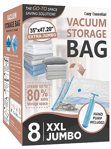 Cozy Essential Vacuum Storage Bags, Space Saver Bags，Compression for Comforters and Blankets, Pillow, Bedding, Sealer Clothes Storage, 8 XXLarge Jumbo