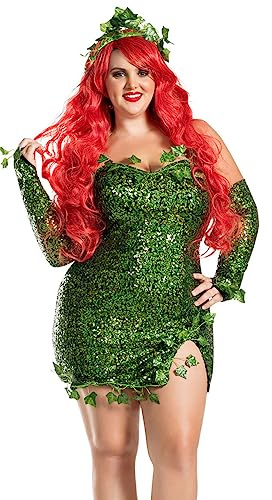 Costume da donna deluxe verde edera per Halloween, cosplay, senza spalline, tubo, abito aderente con foglie finte, vestito con paillettes, guanti + set copricapo (A-verde, L)