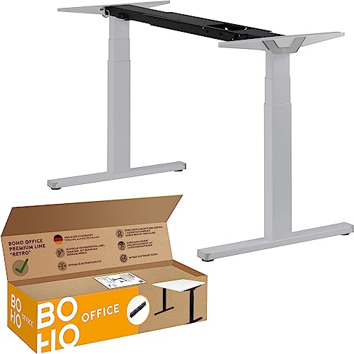 boho office® Premium Line Schreibtisch Gestell elektrisch höhenverstellbar | Silber, Retroschalter - Made in Germany, Kollisionsschutz, stufenlos, 2 laufruhige Motoren, 3-Fach Teleskop