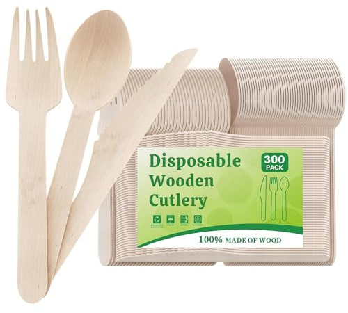 300 PCS Wooden Cutlery Set Disposable - Premium Quality 100 Forks, 100 Spoons, 100 Knives - Biodegradable Eco Friendly, Birchwood Disposable Cutlery for Party, Picnic, Outdoor, Christmas