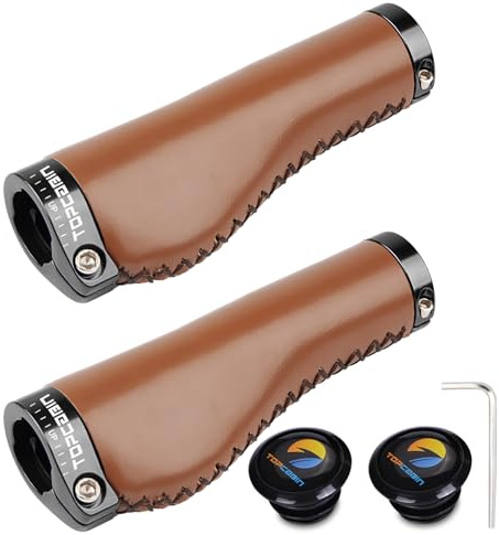 TOPCABIN Bicycles Handlebar Grips, Aluminum Lock-on Ergonomic Bike Grips, Cushion Vibrations Comfort Bike Handlebar Grips, Mountain MTB BMX Bicycles Grips for Scooter (Hand-Sewn ATF Leather(Brown))