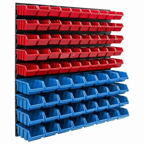 Lagersystem Wandregal 770 x 780 mm | 82 stck. Box | Stapelboxen Schüttenregal Sichtlagerkästen | Extra Starke Wandplatten | Regal Erweiterbar | Werkstattregal Lagerregal Werkstattwandregal Steckregal