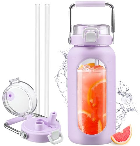HYDRAGLAZIC 1900ML Glastrinkflasche mit Strohhalm und Edelstahlgriff, Wasserflasche glas mit Silikonhülle und Zeitmarker, Berwachung Ihrer täglichen Trinkflasche 2 liter, Violett
