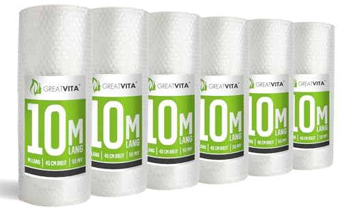 GreatVita 6x Luftpolsterfolie 40cm x 10m (50my) | Versand- und Verpackungsfolie für Umzüge | Schutzpolsterfolie für empfindliche Gegenstände | 100% recycelbar, Premiumqualität Noppenfolie Rolle