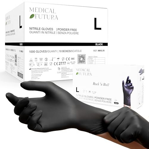 Medical Futura - 1000 Gants Nitrile L Noirs Jetables Hypoallergéniques Gr. 4.0, Sans Poudre, Sans Latex, Idéals pour Esthéticiens, Tatoueurs, Mecanicien et Secteurs Médicaux (L, Noir)