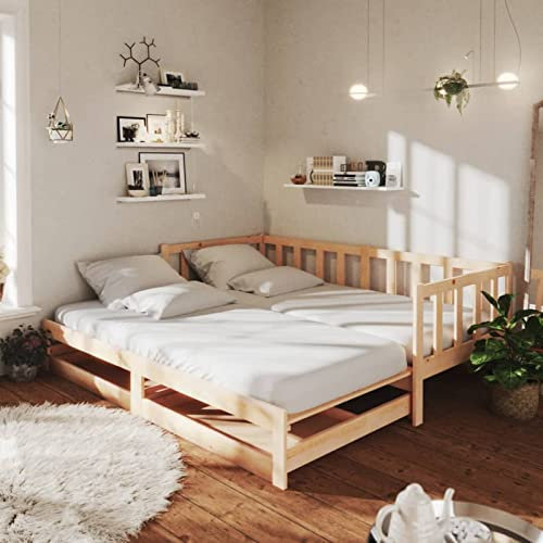 Gecheer Ausziehbares Tagesbett Bettrahmen Bettgestell Holzbett Doppelbett/Einzelbett Schlafzimmerbett Jugendbett Kinderbett Gästebett Bett Gestell, 2X(90x200) cm Massivholz Kiefer