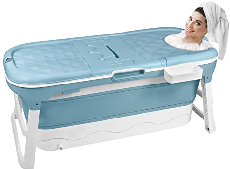CEEDIR Baignoire pliable pour adulte XL - 128 x 62 x 53 cm - Baignoire pliable portable avec panier à savon, couvercle amovible et rouleaux de massage - Bleu - Pour petite salle de bain