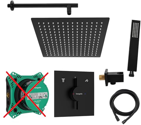 vanvilla Duschsystem Unterputz mit Duscharmatur Hansgrohe schwarz HGS201ob | Duscharmatur von Hansgrohe DuoTurn E und vanvilla Regendusche Duschkopf eckig, Dusch-SET schwarz matt beschichtet