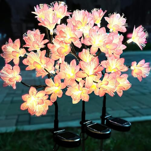 QINER Solar Lights Garden Ornaments Outdoor Flower, 3 Pack 36 LED Garden Lights Solar Powered Waterproof IP65, 2 Modes Peach Blossom Landscape Lighting Creative Pathway Stake for The Patio, Yard, Lawn
