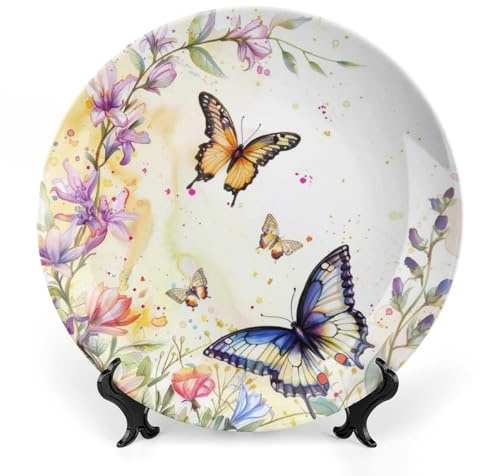 Gokays Decorative Plates for Wall Hanging, Colorful Spring Butterfly Ceramic Plate, Purple Flowers Wobble-Plate with Display Stand, Home Decor for Kitchen Cabinets, Farmhouse Round Tray 10 Inch