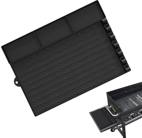 Silikon Grillmatte - Multifunktionale Grillmatte | Waschbare Isolierungsschutzmatten mit 3 geteilten Fächern, Gewürzglashalter Silikonmatte für Grill BBQ Utensilien