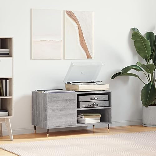 CINDERFUL Plattenschrank Grau Sonoma 85x38x48 cm Holzwerkstoff,Freistehendes Schallplattenregal aus massiver Eiche Platzsparende und stylische Plattenaufbewahrung Mediaaufbewahrung