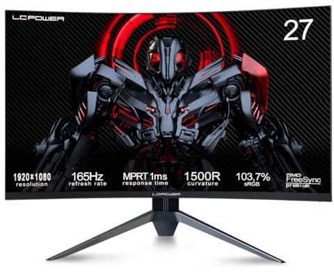 LC-Power Monitor Gaming 27 Pollici Curvo 165Hz FHD VA | 1500R, Contrasto 3000:1, 1ms Reazione | 2DP 2HDMI, Supporto VESA