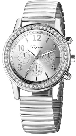 JewelryWe Damenuhr Elastische Leuchtende Uhr Glitzer Zirkonia Diamant Analog Quarz Armbanduhr Damen Edelstahl Stretch-Armband Lässige Uhr mit Zugarmband und Leuchtzeiger