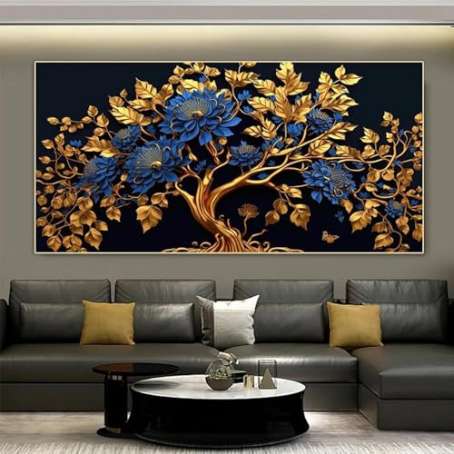 GOSRD Goldener Geldbaum und Blume, Leinwandgemälde, Poster und Drucke, Wald-Wandkunst, Bild für Wohnzimmerdekoration, 60 x 120 cm, rahmenlos