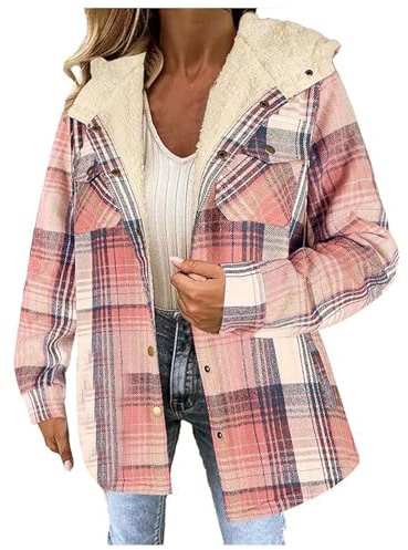 Hemdjacke Damen Flanellhemd Kariertes Knöpfen Taschen Mantel Holzfällerjacke Plaid Plüsch Fleece Gefüttert Jacke Winter Bluse Mit Kapuze Rosa M