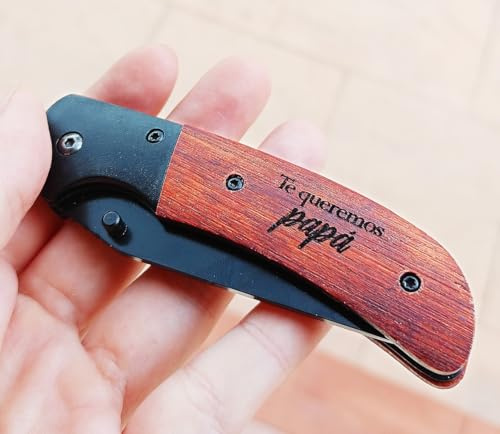 Personalisiertes Taschenmesser aus Holz und Edelstahl, personalisiertes Taschenmesser für Damen oder Herren, Lasergravur, Sicherheitsverriegelung, leicht, kompakt, personalisiertes Messer mit Namen