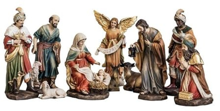 Weihnachtsgeheimnis Geburt 10 Stück 23 cm. Klassische Krippenfiguren: Jesuskind, Jungfrau Maria, Heiliger Josef, Engel, Heilige Drei Könige, Hirte, Schaf, Maultier, Ochse. Unisex. Länge (cm): 23.
