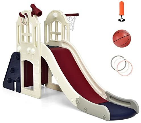 HOMASIS 6 in 1 Kinderrutsche Indoor & Outdoor, Kinder Rutsche mit Basketballkorb, Kletterleiter, Ringwurf, Tunnel, Teleskop, Babyrutsche Spielplatz Gartenrutsche für Kinder ab 3 Jahren (Blau)