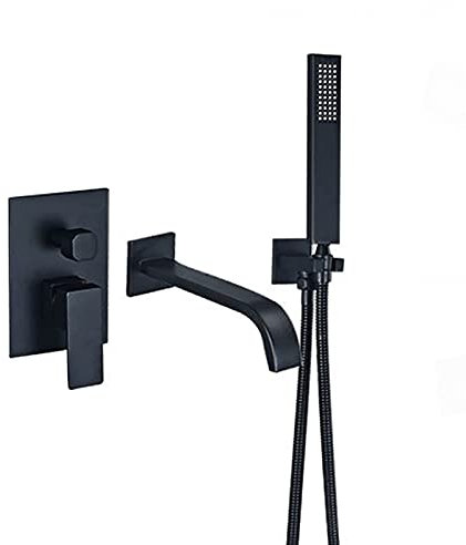 Robinet de baignoire moderne en acier inoxydable noir avec bec cascade, robinet de baignoire mural à poignée unique et pommeau de douche à main Design boîte intégrée
