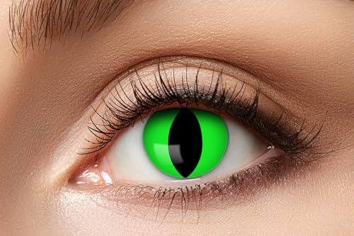 Zoelibat Eyecatcher – Neon Cat – Farbige Jahres-Kontaktlinsen mit katzenartiger Pupille in Neon-Grün – Kontaktlinsen Halloween grün ohne Stärke – mit Aufbewahrungsbehälter