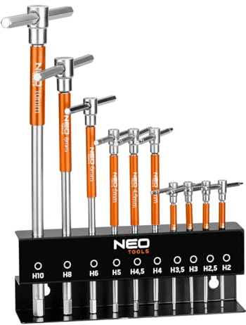 NEO TOOLS 10-teiliges Sechskant-Set, T-Griff Schlüsselsatz | Kombischaftschraubenschlüssel 10 Innensechskantschlüssel (HEX): 2 mm bis 10 mm mit Metallständer