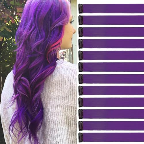Lot de 12 mèches de cheveux à clipser - Violet foncé - 55 cm - Pour tresses/tresses - Extensions individuelles - Mèches individuelles - Extensions de cheveux multicolores - Accessoires