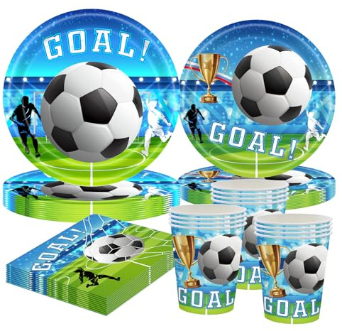 Juego de vajilla de fiesta de fútbol, decoración de cumpleaños para 10 personas con platos de papel, tazas, servilletas, vajilla desechable para niñas y niños, cumpleaños infantiles, EM 2025, fiesta