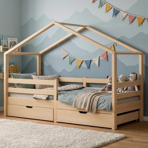 Bellabino Abia Bett Natur 90x200 cm, 2 Schubladen, aus Kiefer Massivholz | Montessori Kinderbett mit Rausfallschutz & Lattenrost, für Jungen & Mädchen, Holzbett, Kinderbettgestell, Kinderzimmermöbel