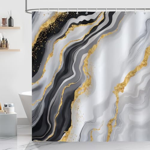 COZZSNUGE Duschvorhang 180 x 180 cm Marmor Schwarz, Grau Gold Abstrakt Modern Duschvorhänge Anti-schimmel Wasserdicht Polyester Badvorhang mit 12 Duschvorhangringen