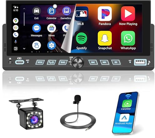 Hikity Autoradio Bluetooth 1 DIN avec Carplay Android Auto sans Fil, Radio 1DIN avec écran Tactile de 6,9 Pouces, Lien Miroir, Radio FM, USB, Type-C, SWC, EQ, Caméra de Recul, Microphone