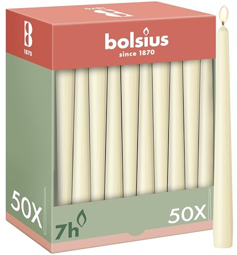 Bolsius släta spetsljus – elfenben – 50 st. - 24,5 cm – dekorativa hushållsljus – brinntid 7 timmar – oparfymerad – innehåller naturligt växtvax – utan palmolja
