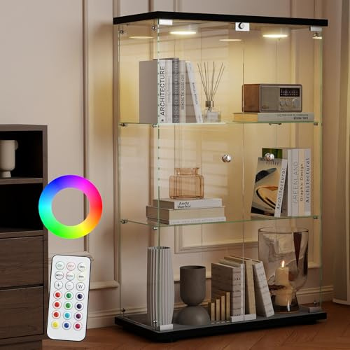 AUFHELLEN Glasvitrine Standvitrine mit LED in Schwarz 125x79x36,5CM Vitrine