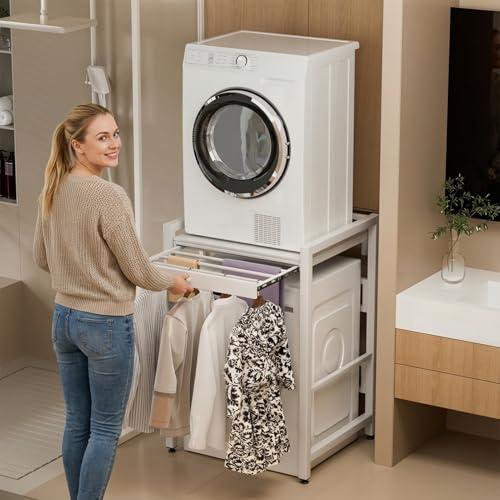 Washer Dryer Stand Stacking Kit, Tumble Dryer Stacking Kit with Sliding Shelf Countertop, Space Saving, 200KG Load Capacity, Washing Machine Storage Unit for Laundry Room (White) (White-Slide)