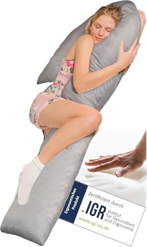 Traumreiter Seitenschläferkissen Visco J XL mit Bezug Grau, Memory Foam & Watte Hybrid Wendekissen. J Form Schwangerschaftskissen Gel Body Pillow Komfortkissen Erwachsene, Ergonomie Zertifiziert