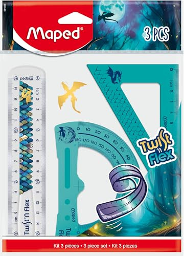 Maped Dragon - Juego de Geometría Irrompible de 3 Piezas, Kit de Reglas Flexibles Twist'n Flex: Regla 15 cm, Escuadra 60° y Transportador 180°, Material Escolar Resistente para Niños