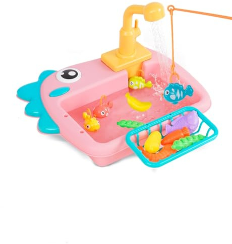 Ensemble de Jouets pour évier de Cuisine pour Enfants avec Jeu de pêche Vaisselle Robinet pour Leau Courante Play Food Accessoires Jouets de Jeu de Rôle Cadeaux,Rose