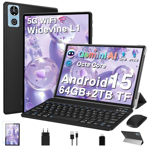 Gemini AI Tablette Android 15 Tablette 10 Pouces 64Go+2To Extensible, Tablette Tactile GMS, 5G+2.4G Wi-Fi, Octa-Core 2.0Ghz, Widevine L1, BT5.0, 6000mAh, GPS, Tablettes avec Clavier+Souris et Cas-Noir