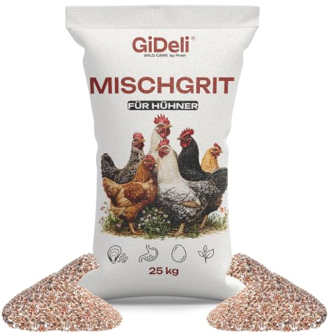 GiDeli Mischgrit für Hühner 25kg - Calcium aus Muschelgrit & Austernschalen für Starke Eierschalen - Steinmehl mit Silex zur Verdauung - Natürliches Hühnerfutter für Legehennen