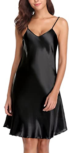 Vlazom Camisón Sexy de Satén para Mujer, con Correas Ajustables, Cuello en V, Combinación Interior, Vestido Ligero y Suave,XXL,A-Negro