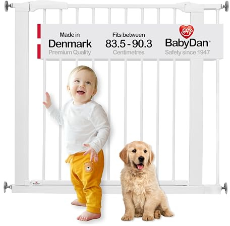 BabyDan Perfect Close, Cancelletto a pressione per scale, 77,3-90,3 cm, Cancelletto per bambini, bianco, Made in Denmark - (Cancelletto per animali)